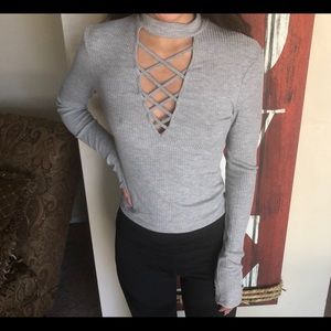 Grey long sleeve cut out shirt